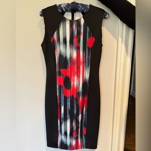 Tahari scuba black dress with colored band.